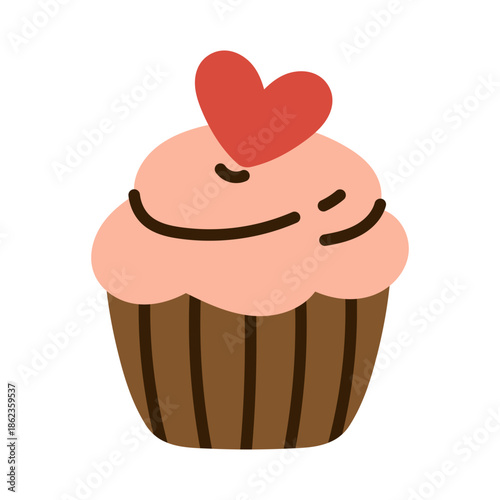 Vector sweet cupcake dessert with pink cream and red heart topper. Cute clipart romantic valentine greeting and holiday celebration design. Valentines day element.