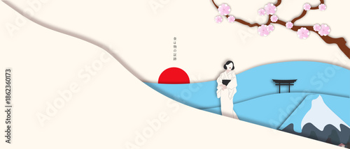  Wide Japanese landscape illustration featuring geisha, torii gate, mountains and red sun. Minimal flat design inspired by traditional Japanese art and travel aesthetics.