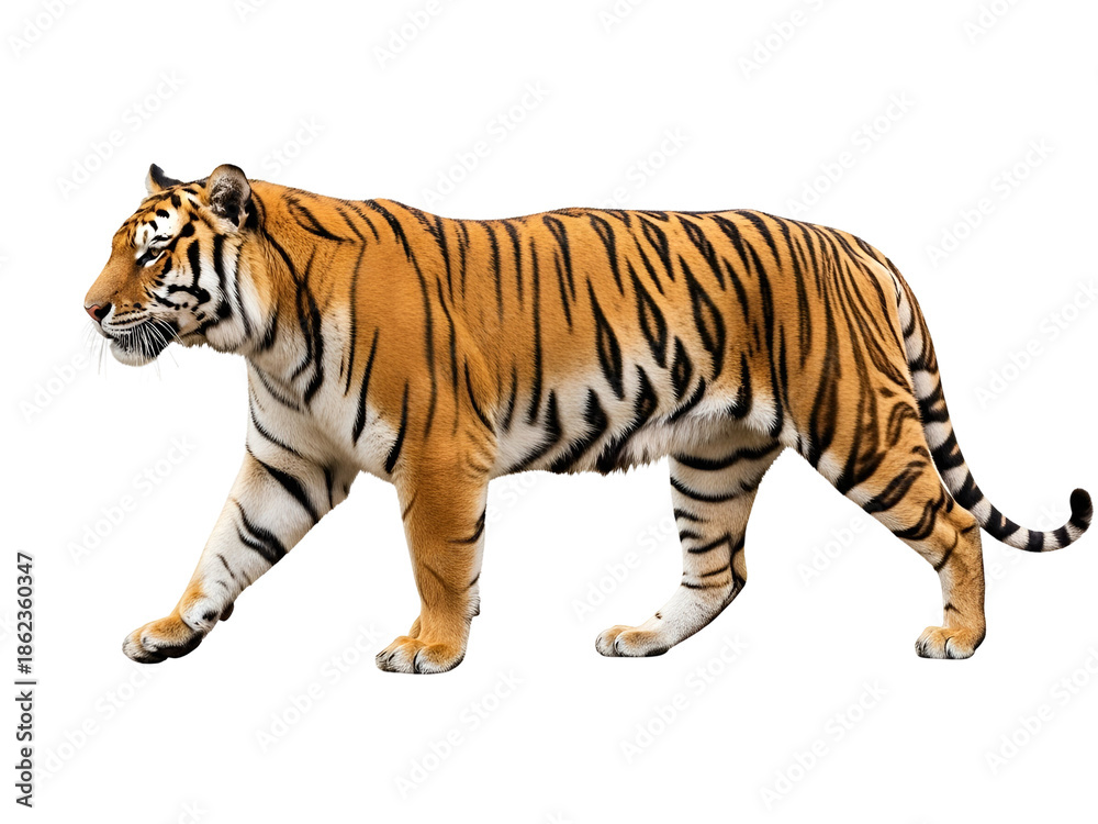 Obraz premium Majestic Bengal Tiger Isolated on White Background Symbol of Power Strength and Courage