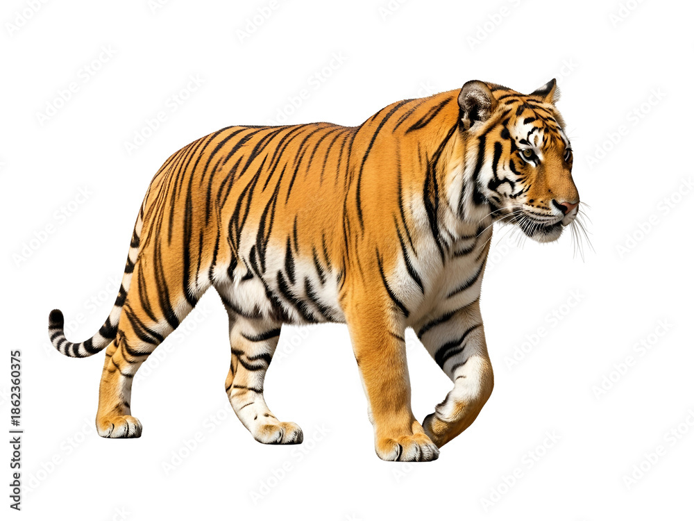 Obraz premium Majestic Bengal Tiger Isolated on White Background Symbol of Power Strength and Courage