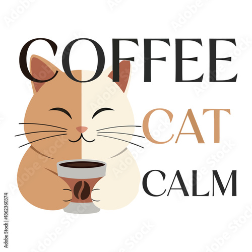 Cute cartoon illustration of a funny black kitten with a coffee cup, featuring a feline pet vector design that captures the love for animals through a simple kitty icon or domestic art symbol