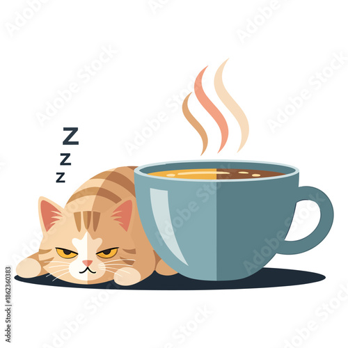 Vector illustration of a cute cat in a cafe mug with hot coffee espresso and rising steam aroma morning breakfast beverage icon symbol