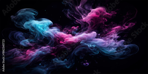 Abstract colorful smoke waves in blue and purple swirl through black space with smooth flowing motion and artistic energy to create a vibrant textured design backdrop