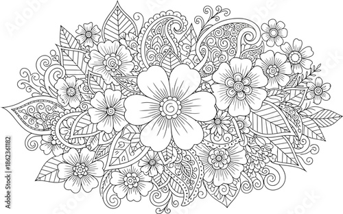 Intricate floral design with flowers and leaves for coloring book