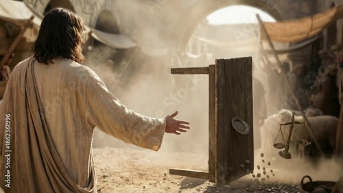 Jesus overturning a money changer’s table during the temple cleansing