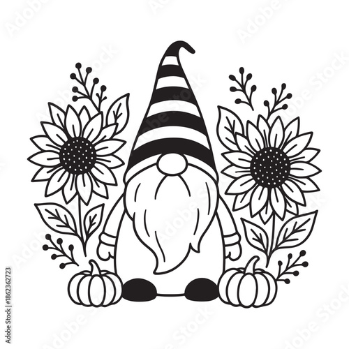 Gnome Surrounded by Sunflowers and Pumpkins autumn