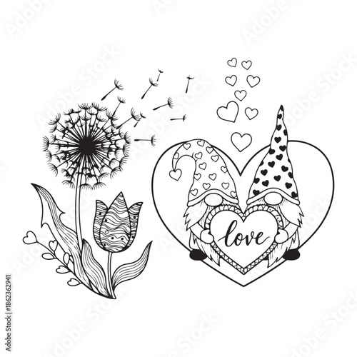 Two Gnomes Holding a Love Heart with Dandelion and Tulip