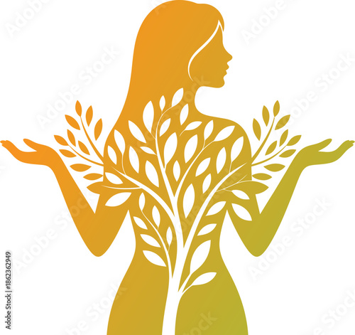 Eco friendly woman with leaves and tree silhouette for environmental conservation