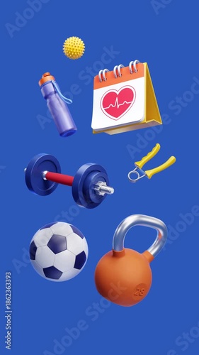 Scheduling of a Physical Checkup: Fitness equipment levitates in the air with a calendar showing a heart symbol on its page. 3D-rendered animation themed around the sports and fitness industry.