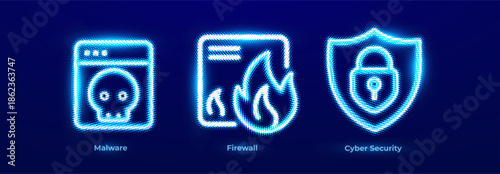 Malware Virus Ransomware Trojan Spyware Threat Detection Icons. Firewall Network Barrier Intrusion Prevention Traffic Filtering Logo. Cyber Security Data Protection Encryption Risk Management. Vector