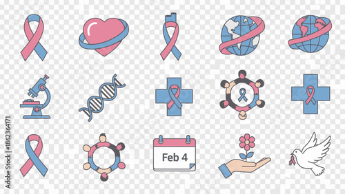 Health Awareness Icons: Ribbons, DNA, Globe, Heart, Calendar, Dove, Hand with Flower