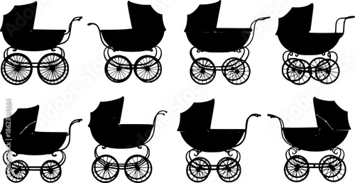 Six vintage baby stroller silhouettes collection.
