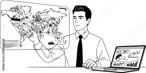 Supply chain manager man planning global logistics network vector illustration
