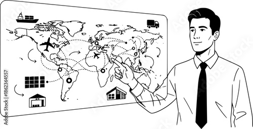 Supply chain manager man planning global logistics network vector illustration
