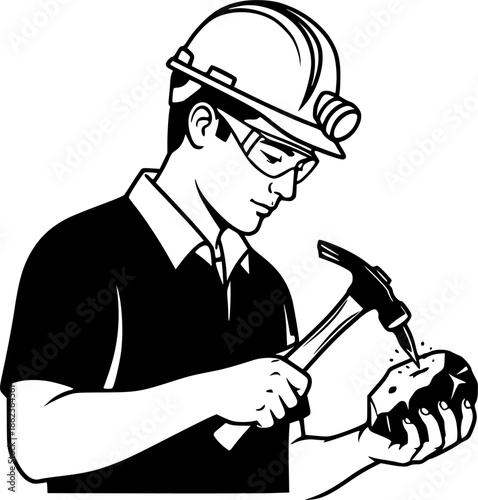 Geologist man in hard hat examining rock sample with hammer vector icon
