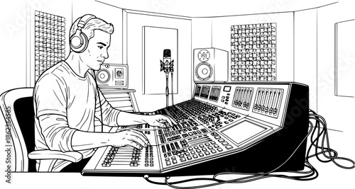 otion picture, creative, design,Video editor man working on computer timeline media production vector illustration