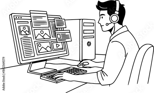 Video editor man working on computer timeline media production vector illustration