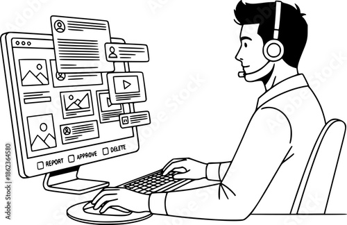 Video editor man working on computer timeline media production vector illustration