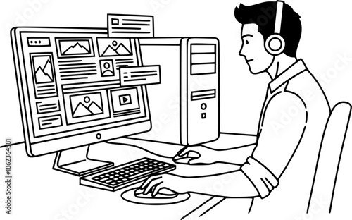 Video editor man working on computer timeline media production vector illustration