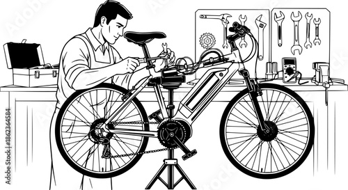 Electric bicycle mechanic man repairing e-bike in workshop vector icon
