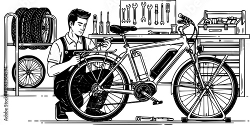 Electric bicycle mechanic man repairing e-bike in workshop vector icon
