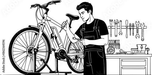 Electric bicycle mechanic man repairing e-bike in workshop vector icon
