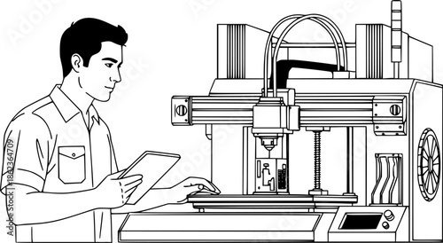 Industrial 3D printing technician man monitoring additive manufacturing process vector icon
