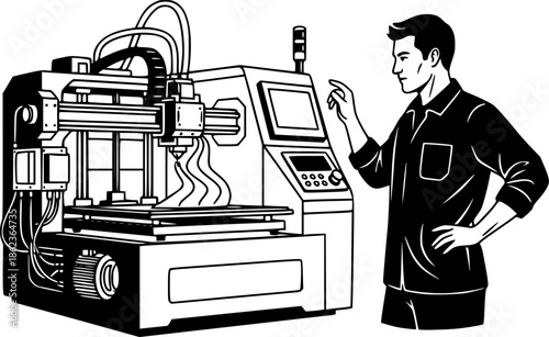 Industrial 3D printing technician man monitoring additive manufacturing process vector icon
