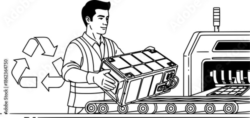 Recycling worker man processing electric vehicle battery sustainable concept vector icon
