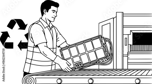 Recycling worker man processing electric vehicle battery sustainable concept vector icon
