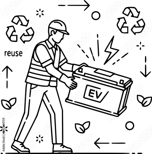 Recycling worker man processing electric vehicle battery sustainable concept vector icon
