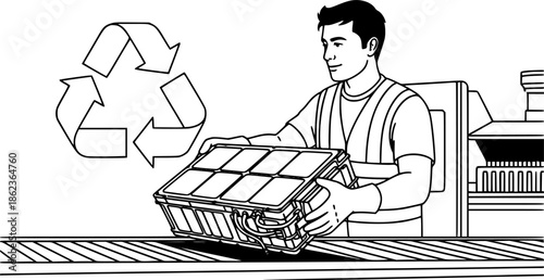 Recycling worker man processing electric vehicle battery sustainable concept vector icon
