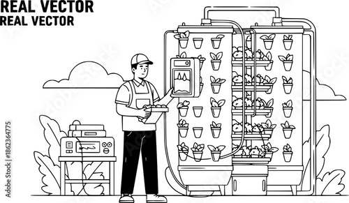Vertical farming technician man working in indoor agricultural facility vector illustration
