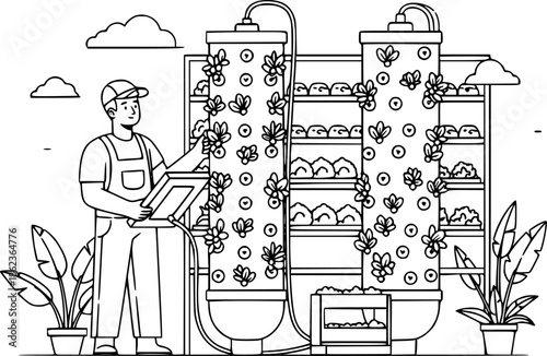 Vertical farming technician man working in indoor agricultural facility vector illustration
