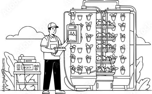 Vertical farming technician man working in indoor agricultural facility vector illustration
