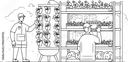 Vertical farming technician man working in indoor agricultural facility vector illustration
