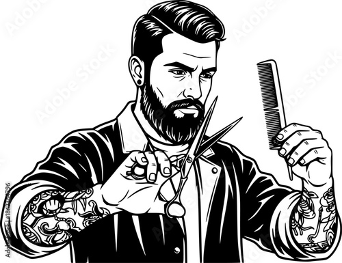 Barber man holding scissors and comb hair styling vector icon