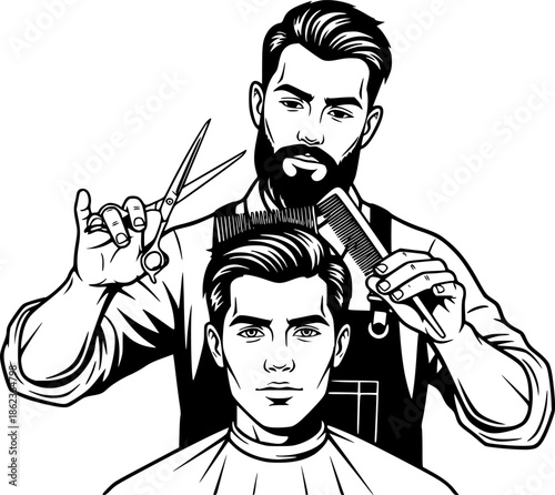 Barber man holding scissors and comb hair styling vector icon