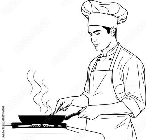 Chef man cooking food in pan restaurant kitchen vector icon