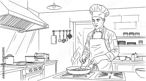 Chef man cooking food in pan restaurant kitchen vector icon