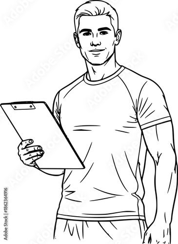 Personal trainer man fitness coach with clipboard vector icon
