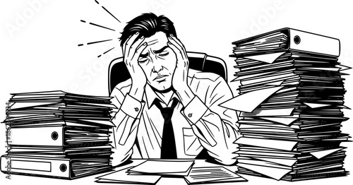 Stressed office worker man with headache and pile of papers burnout vector illustration