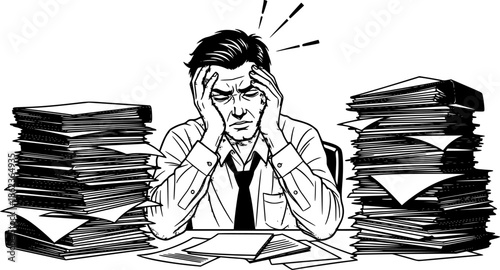 Stressed office worker man with headache and pile of papers burnout vector illustration