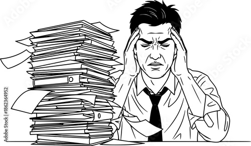 Stressed office worker man with headache and pile of papers burnout vector illustration