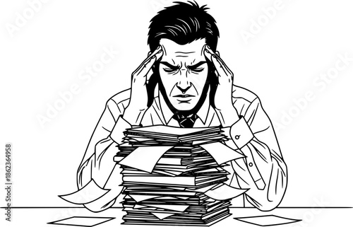 Stressed office worker man with headache and pile of papers burnout vector illustration