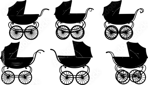 Six vintage baby stroller silhouettes collection.
