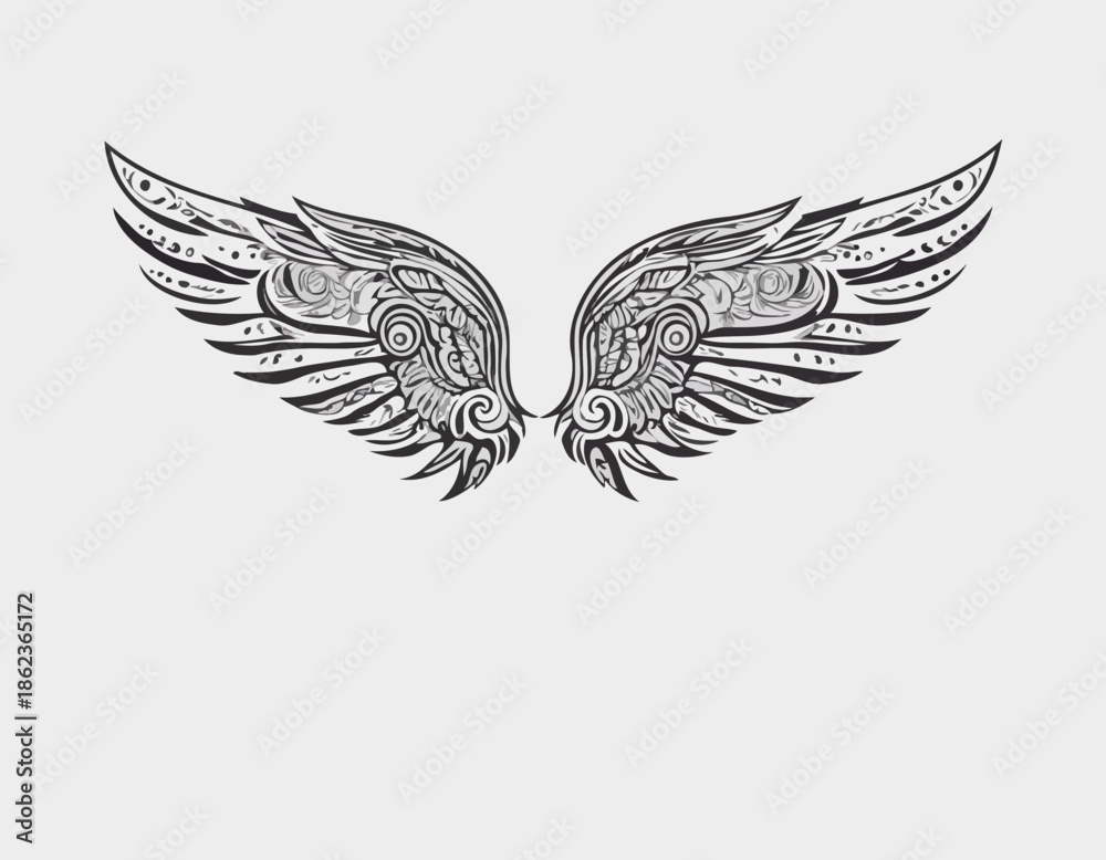 Fototapeta premium modern tribal tattoo wing, abstract line art of mythological creatures, fantasy, minimalist contour. Vector