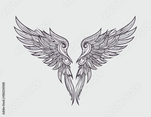 modern tribal tattoo wing, abstract line art of mythological creatures, fantasy, minimalist contour. Vector