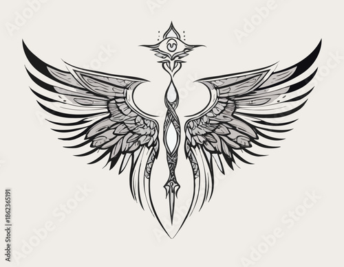 modern tribal tattoo wing, abstract line art of mythological creatures, fantasy, minimalist contour. Vector