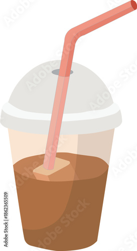 Cold iced beverage in plastic cup with dome lid and straw takeaway drink icon